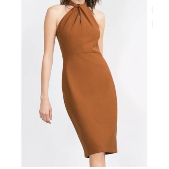 Zara Woman Orange Brown Halter Keyhole Sheath Dress Midi Sleeveless Dress Large - Picture 1 of 8